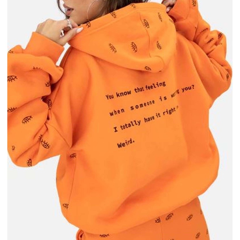Adika Orange All Over Eye Print Hoodie Text Graphic‎ Sweatshirt Size S